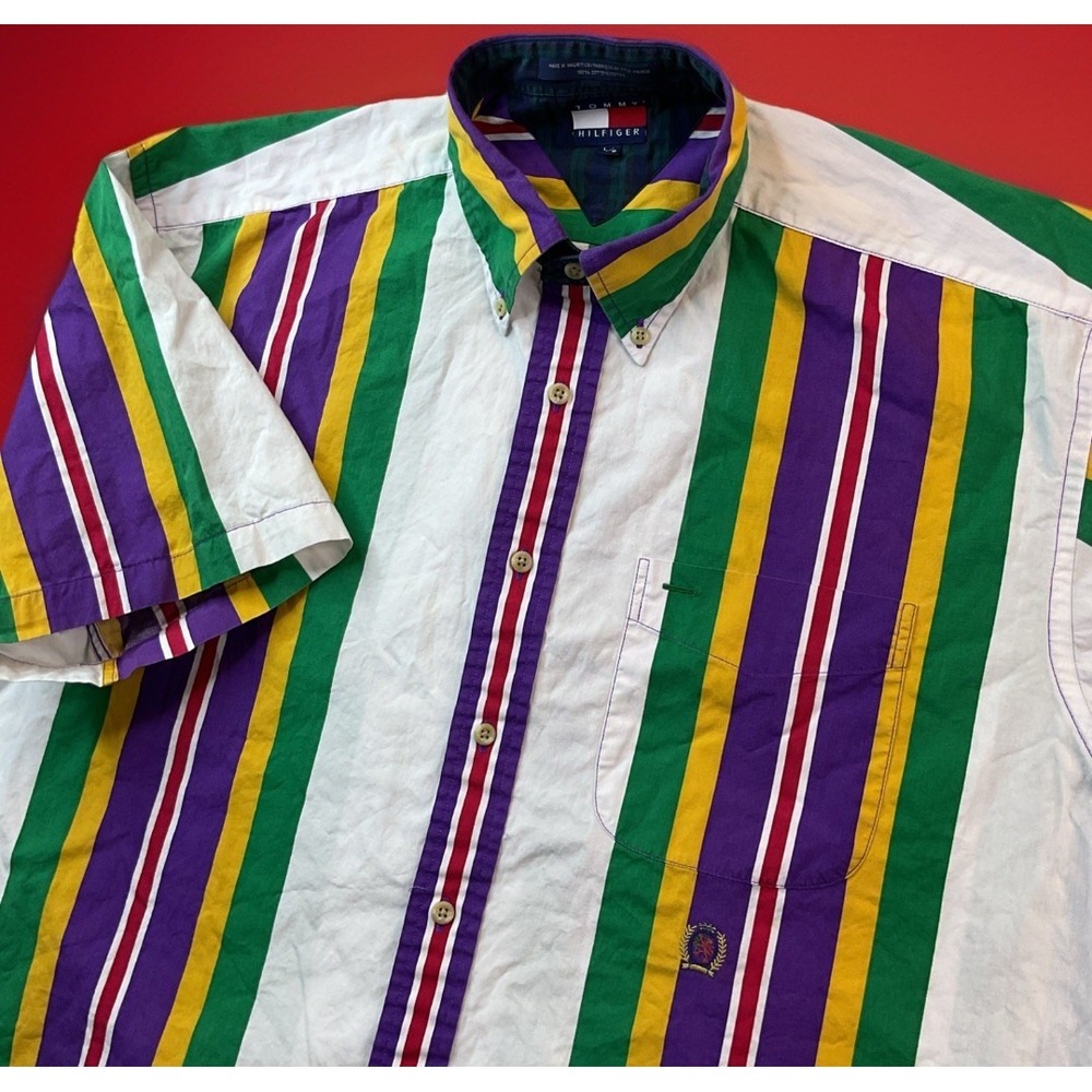 Tommy‎ Hilfiger Shirt Mens L 90s Vertical Stripe Crest Short Sleeve Tee Vintage